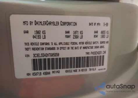 1999 Chrysler Sebring Jxi из США, поврежденный, VIN 3C3EL55H2XT605650